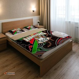 Rabbitohs Rugby Anzac Aboriginal Bedding Set - Rabbitohs Remembrance Day with Poppy Flower Bedding Set