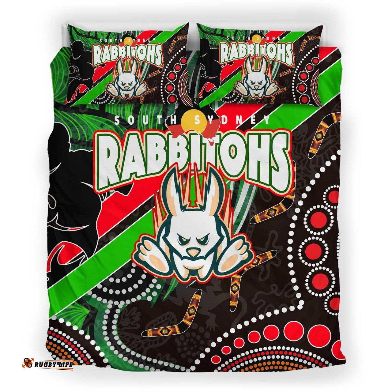 Rabbitohs Rugby Anzac Aboriginal Bedding Set - Rabbitohs Remembrance Day with Poppy Flower Bedding Set