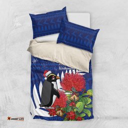 New Zealand Christmas In July Bedding Set Fiordland Penguin With Pohutukawa Flower