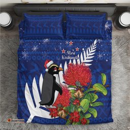 New Zealand Christmas In July Bedding Set Fiordland Penguin With Pohutukawa Flower