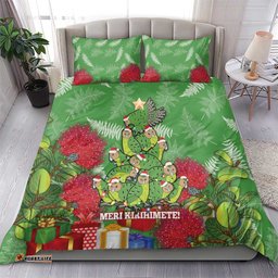 Kakapo New Zealand Christmas Bedding Set Meri Kirihimete Pohutukawa Green Color