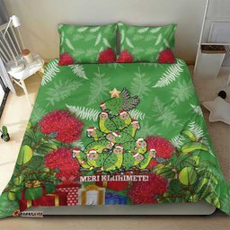 Kakapo New Zealand Christmas Bedding Set Meri Kirihimete Pohutukawa Green Color