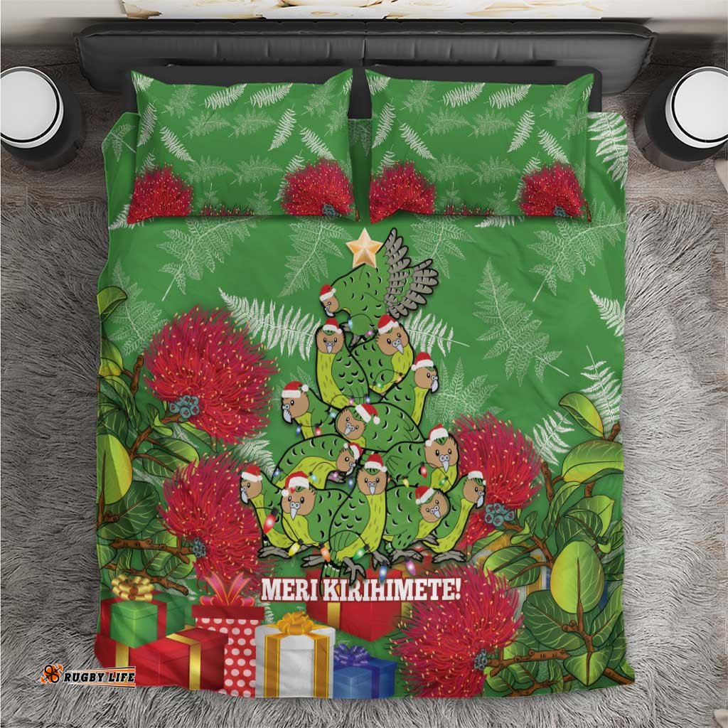 Kakapo New Zealand Christmas Bedding Set Meri Kirihimete Pohutukawa Green Color