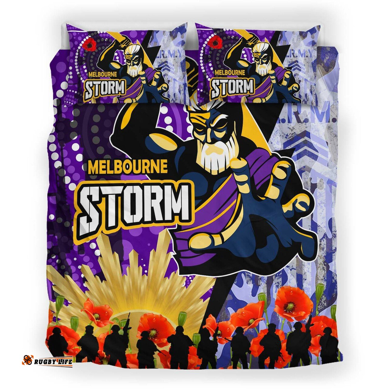 Storm Rugby Anzac Aboriginal Bedding Set - Melbourne Storm with Remembrance Day Poppy Flower Bedding Set