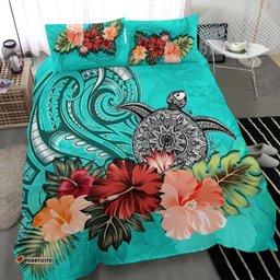 Turtle Polynesian Bedding Set Hibiscus Polynesian Turquoise