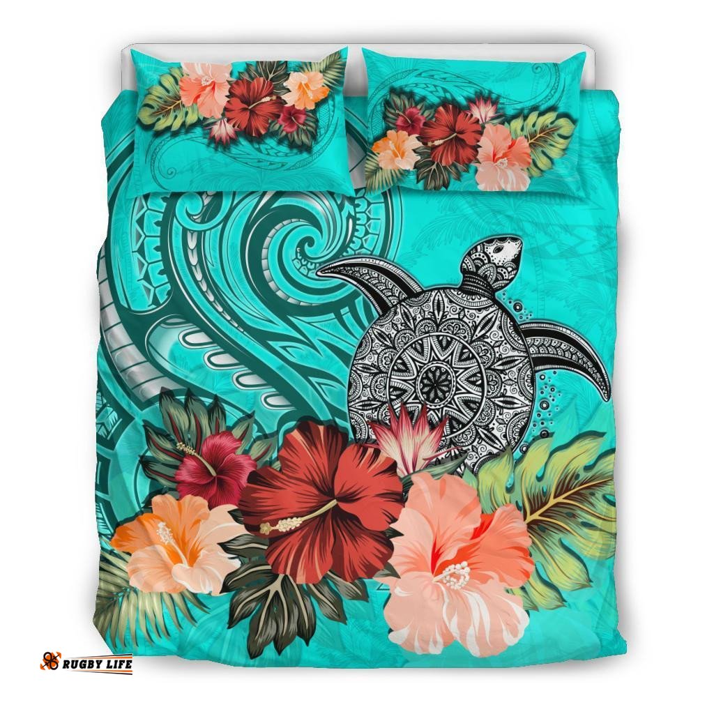 Turtle Polynesian Bedding Set Hibiscus Polynesian Turquoise
