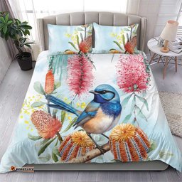 Splendid Fairy wren Australia Bedding Set Aussie National Flowers Watercolor Style