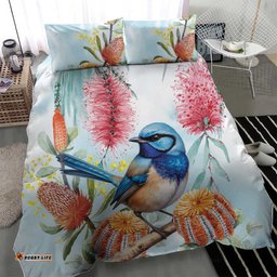 Splendid Fairy wren Australia Bedding Set Aussie National Flowers Watercolor Style