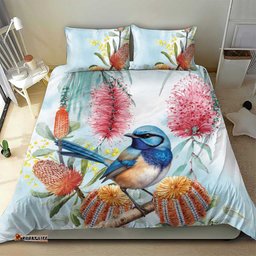Splendid Fairy wren Australia Bedding Set Aussie National Flowers Watercolor Style
