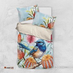 Splendid Fairy wren Australia Bedding Set Aussie National Flowers Watercolor Style