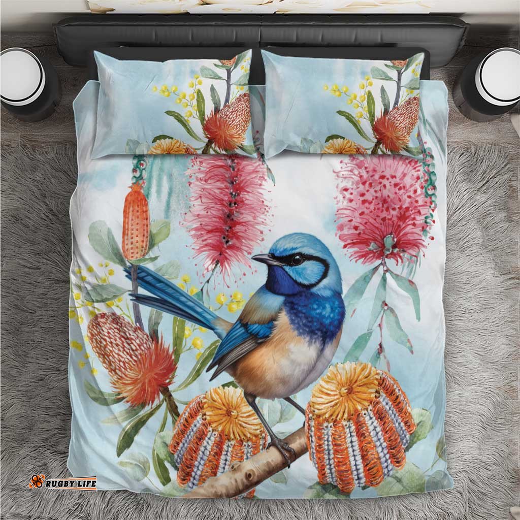 Splendid Fairy wren Australia Bedding Set Aussie National Flowers Watercolor Style