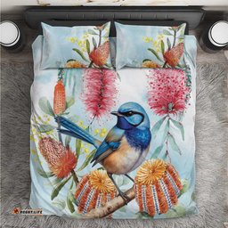 Splendid Fairy wren Australia Bedding Set Aussie National Flowers Watercolor Style