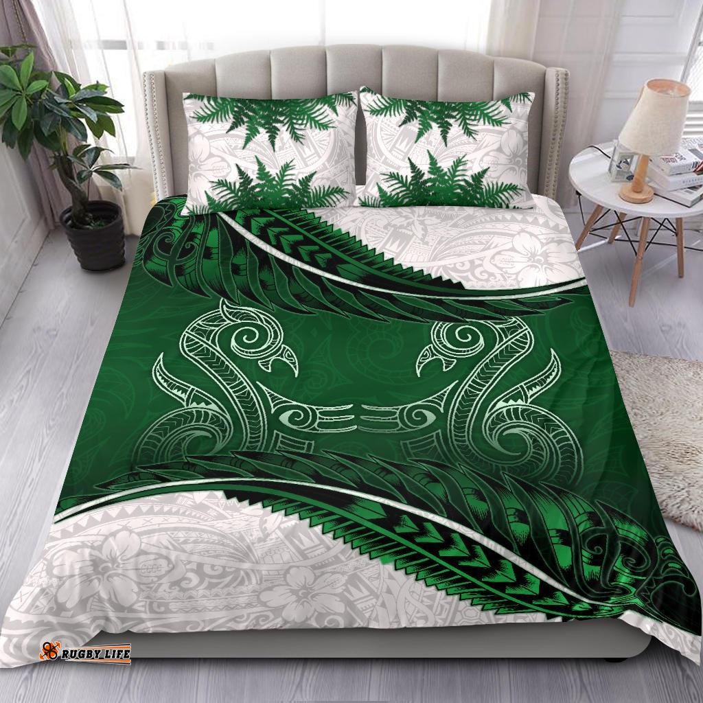 New Zealand Bedding Set Green Manaia Maori Silver Fern Duvet Cover And Pillow Case