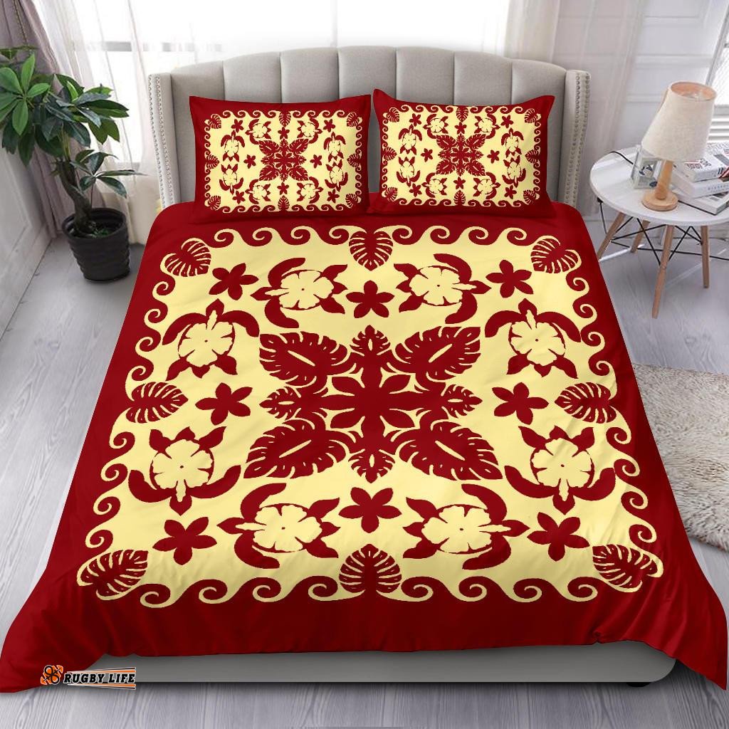 Turtle with Hibiscus Royal Red Bedding Set Palm Leaf