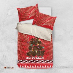 Kiwi New Zealand Christmas Bedding Set Meri Kirihimete Silver Fern Red Color