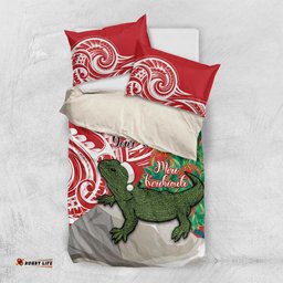 Personalised New Zealand Tuatara Christmas Bedding Set Meri Kirihimete Aotearoa Maori Mix Pohutukawa