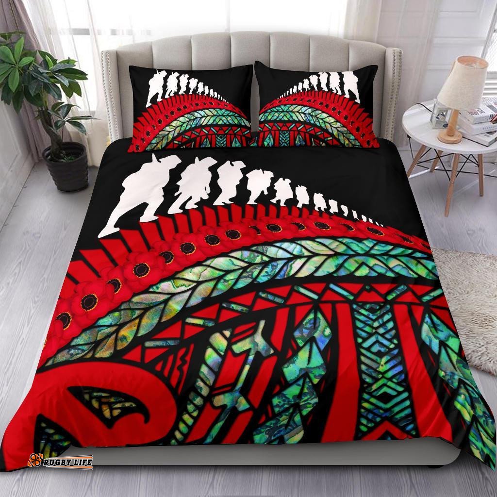 Anzac New Zealand Bedding Set, Poppies Lest We Forget Maori Duvet Cover Soldiers Paua