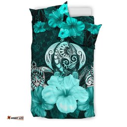Three Turtle Polynesian Bedding Set Hibiscus Turquoise
