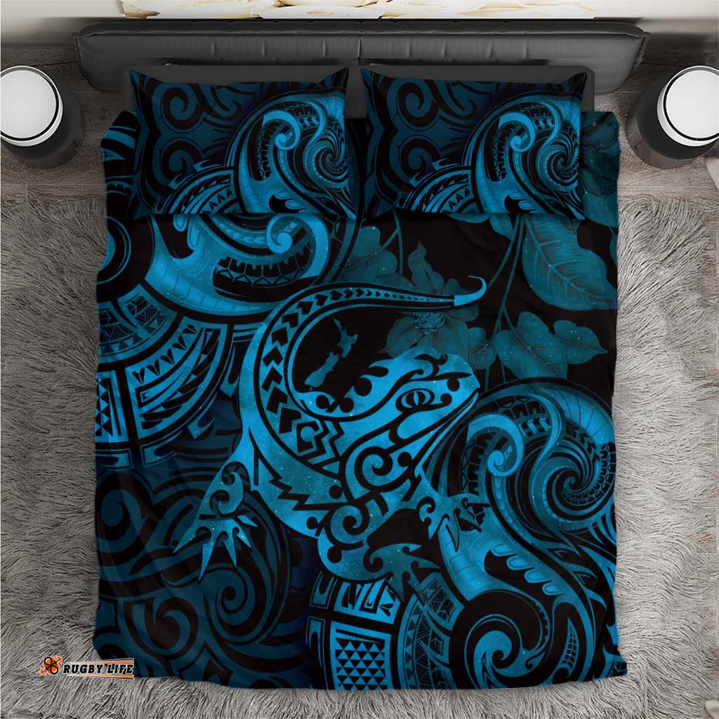 New Zealand Tuatara Bedding Set Aotearoa Maori Clematis Flowers Blue