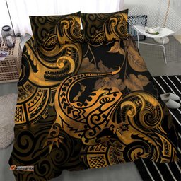 New Zealand Tuatara Bedding Set Aotearoa Maori Clematis Flowers Gold
