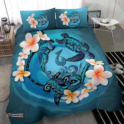 Polynesian Bedding Set, Blue Plumeria Animal Turtle Tattoo