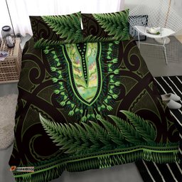 Lime Green African Dashiki With Aotearoa Maori Bedding Set Paua Shell Mix Silver Fern