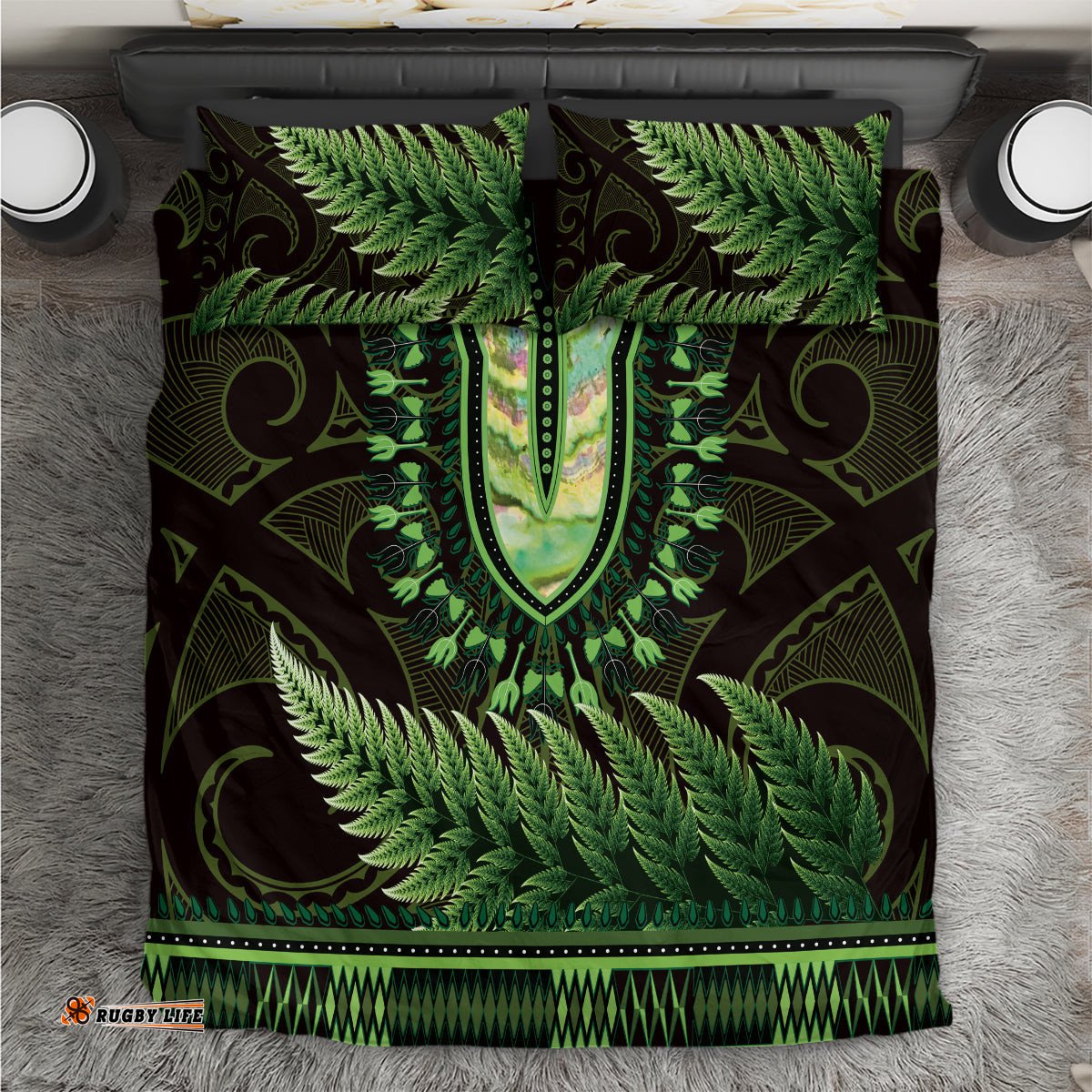 Lime Green African Dashiki With Aotearoa Maori Bedding Set Paua Shell Mix Silver Fern