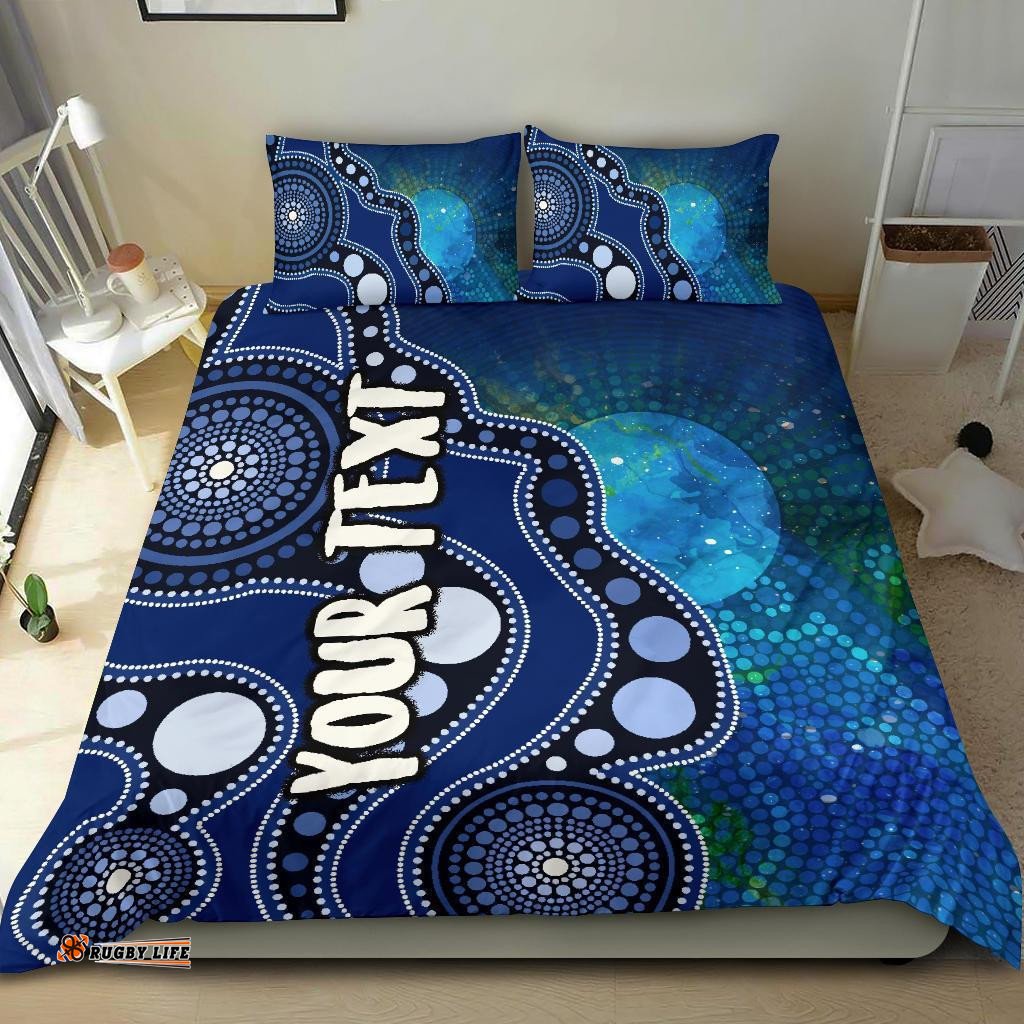 Custom Text Aboriginal Bedding Set - Australia Indigenous Flag Circle Dot Painting Art Blue