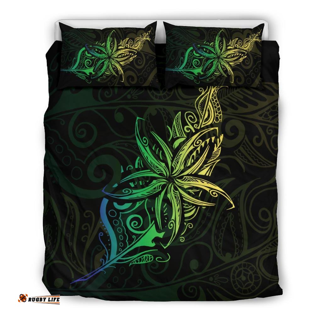 Light Silver Fern New Zealand Bedding Set, Frangipani Tattoo Duvet Covers Green