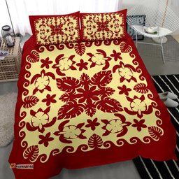 Turtle with Hibiscus Royal Red Bedding Set Palm Leaf