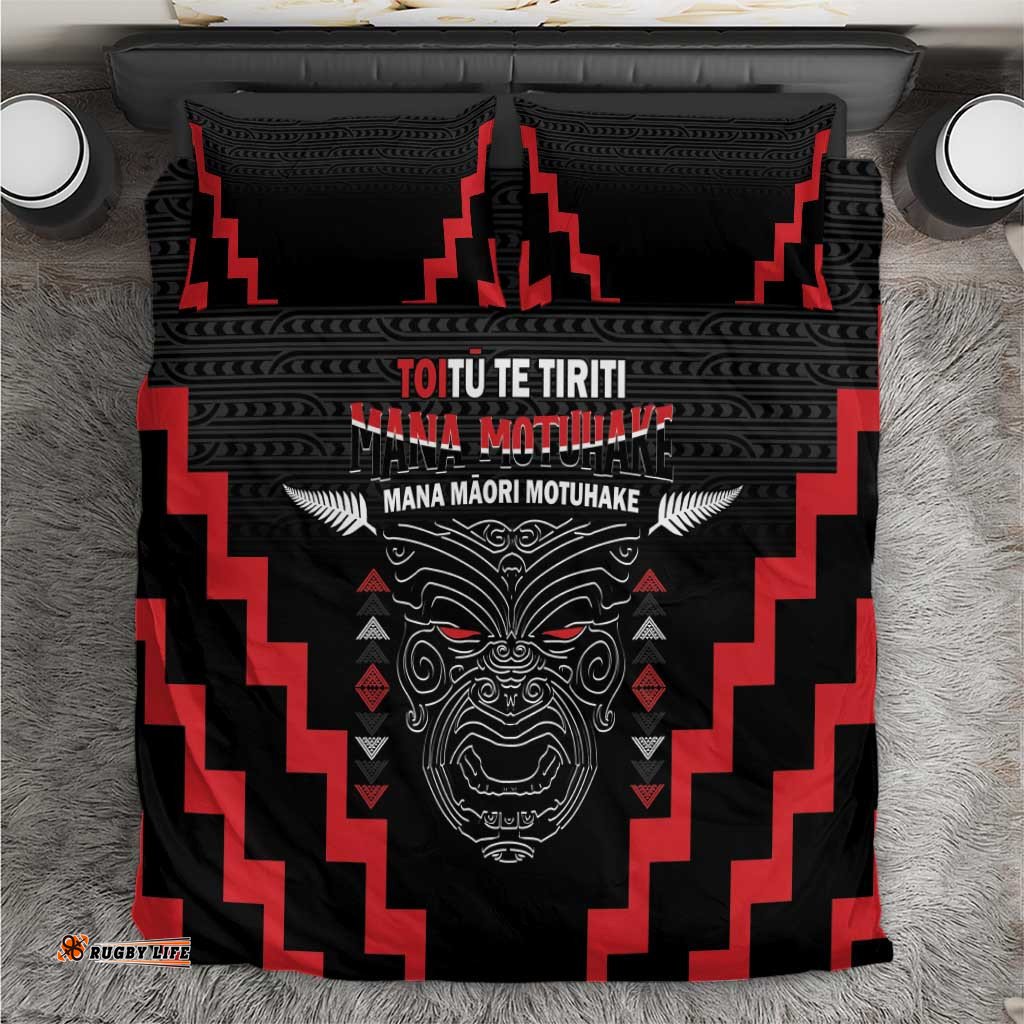 Toitu Te Tiriti Mana Maori Motuhake Bedding Set Aotearoa Haka Face Mix Poutama Art