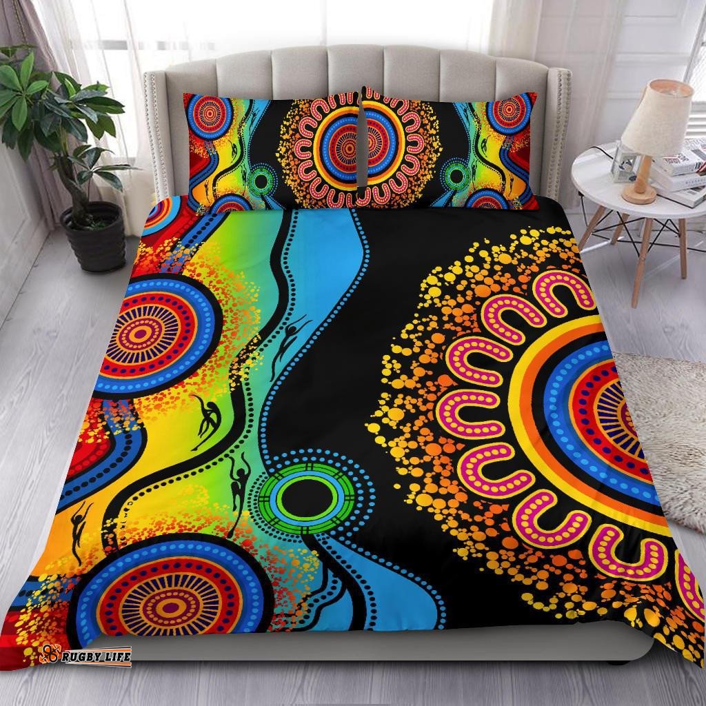 Aboriginal Bedding Set, Dot Painting Indigenous Circle Patterns Blue Dream