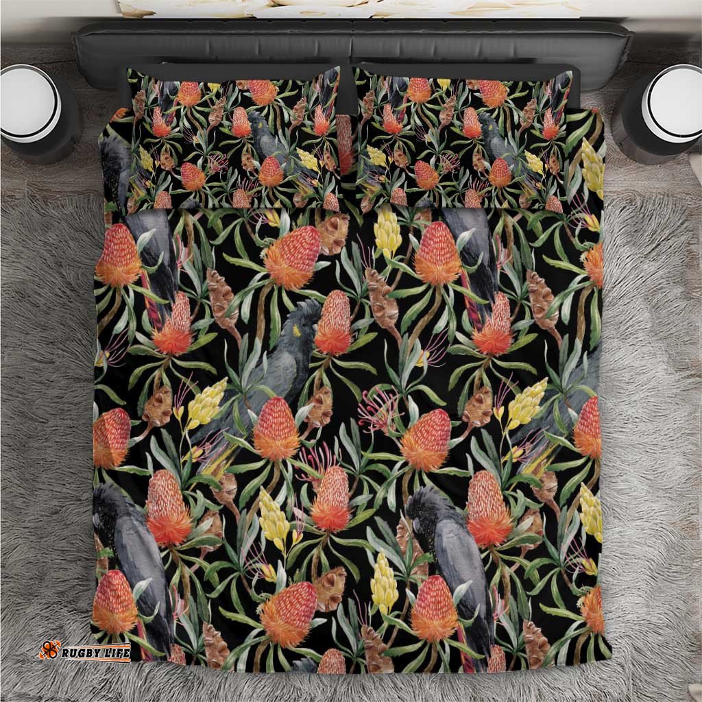 Australia Black Cockatoo And Banksia Flowers Bedding Set