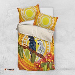 Black and White Cockatoo Birds Aboriginal Art Bedding Set