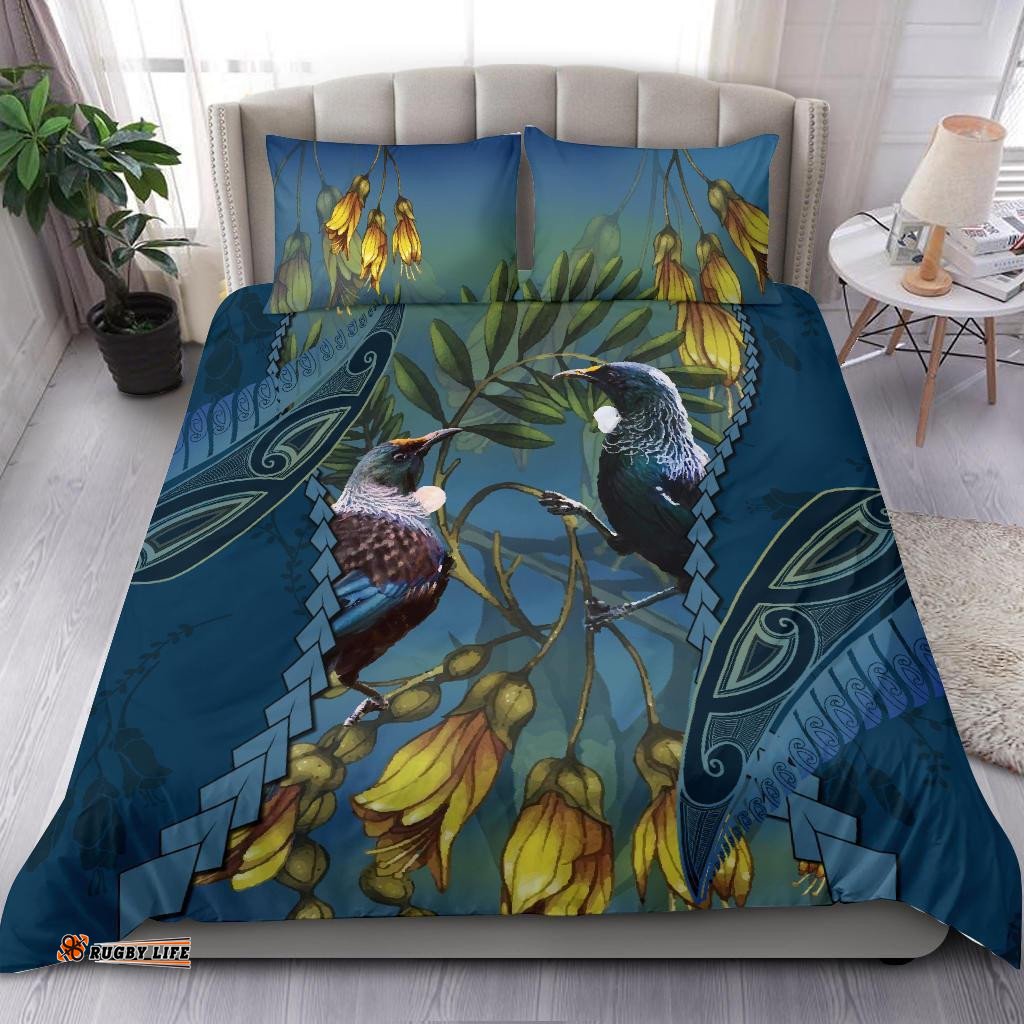Tui Bird Mix Kowhai And Silver Fern Bedding Set, Blue