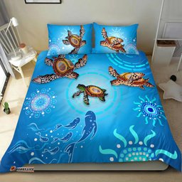 Australian Aboriginal Bedding Set Happy Turtle Family Version Blue
