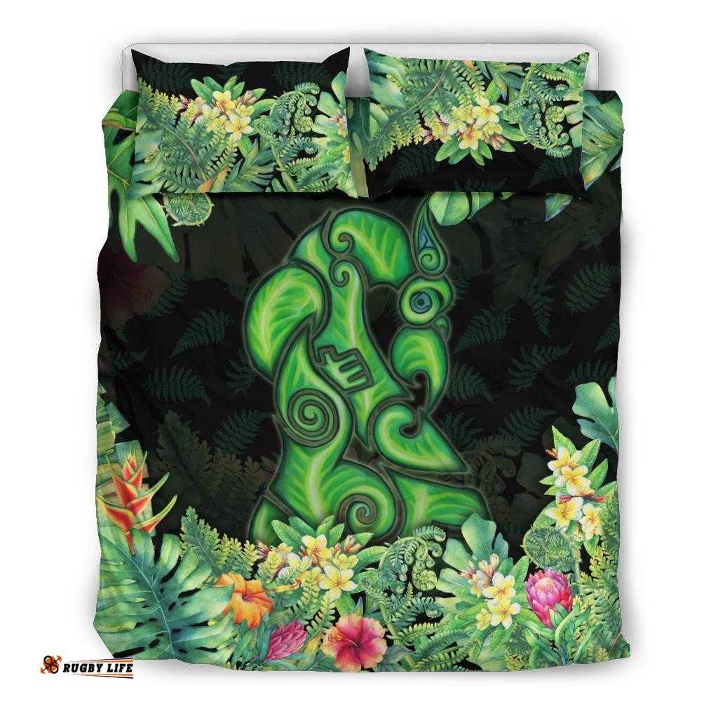 Maori Manaia Bedding Set Tropical Koru Fern With Plumeria Hibiscus