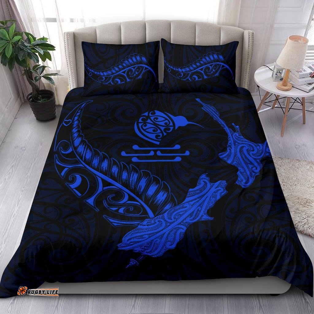 New Zealand Heart Bedding Set Map Kiwi Mix Silver Fern Blue