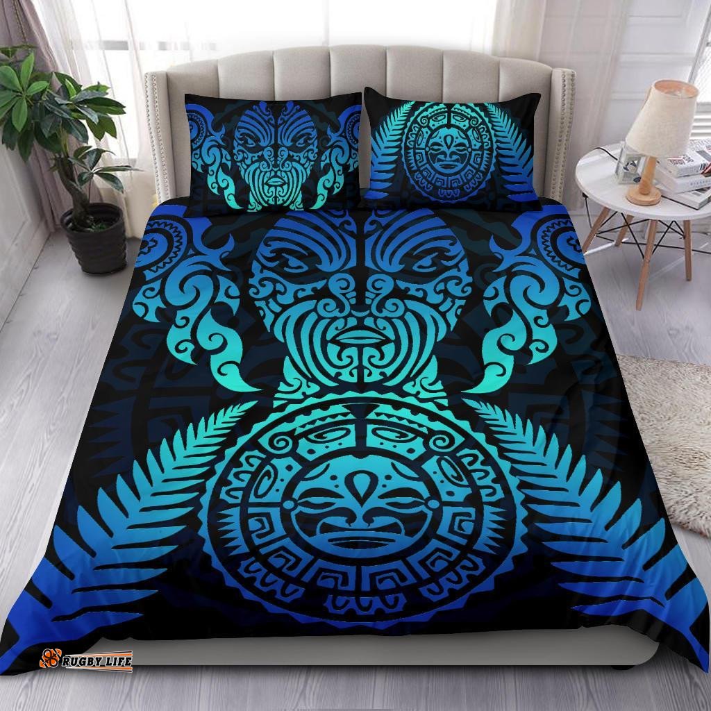 Maori Face Fern New Zealand Bedding Set Blue