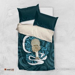 Turquoise New Zealand Eel Bedding Set Aotearoa Maori Tuna With Kotiate Weapon