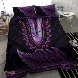Purple African Dashiki With Aotearoa Maori Bedding Set Paua Shell Mix Silver Fern