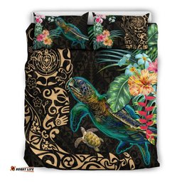 Tiki Polynesian Bedding Set Turtle Hibiscus Gold