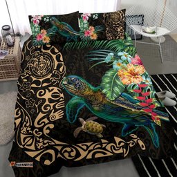 Tiki Polynesian Bedding Set Turtle Hibiscus Gold