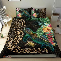 Tiki Polynesian Bedding Set Turtle Hibiscus Gold