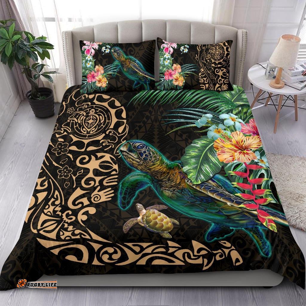 Tiki Polynesian Bedding Set Turtle Hibiscus Gold