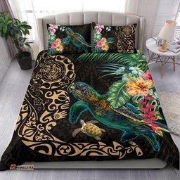 Tiki Polynesian Bedding Set Turtle Hibiscus Gold