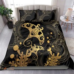 Black And Gold Aotearoa Whai Bedding Set NZ Stingrays Maori Curves Style