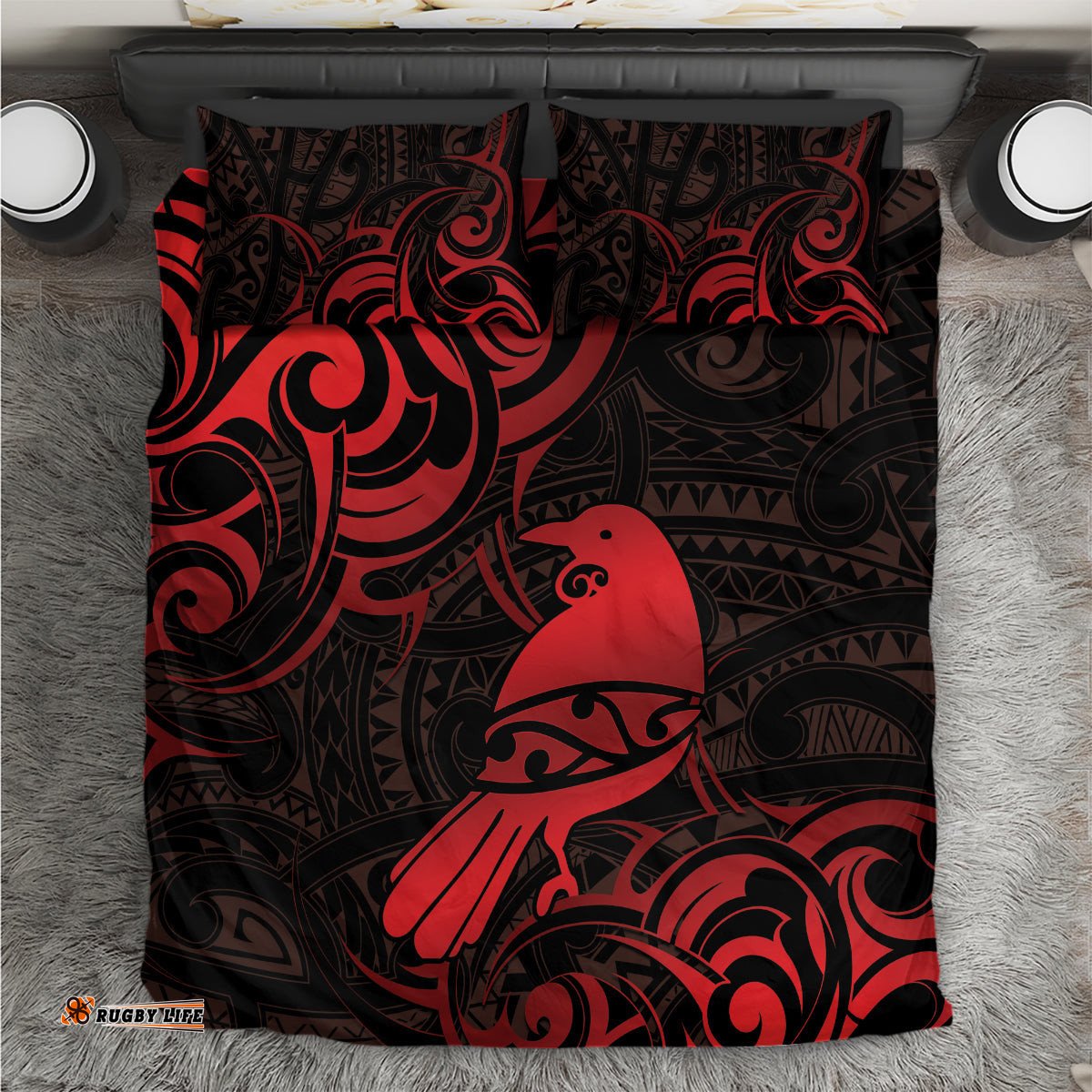 New Zealand Tui Bird Bedding Set Aotearoa Maori Pattern Red