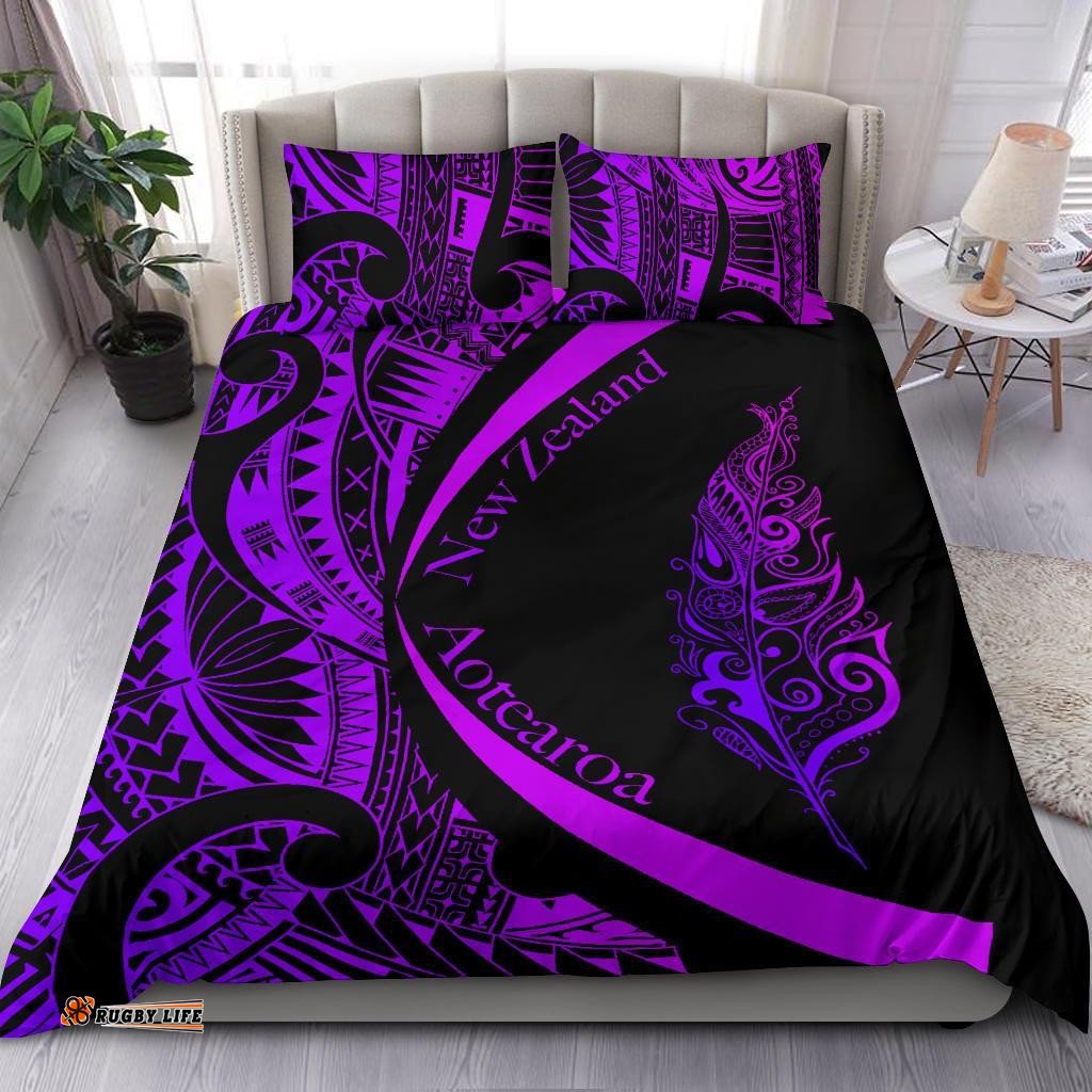 Light Silver Fern Maori Bedding Set Circle Style, Purple