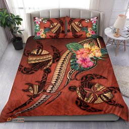 Polynesian Turtle Bedding Set Tribal Tattoo With Hibiscus Coral